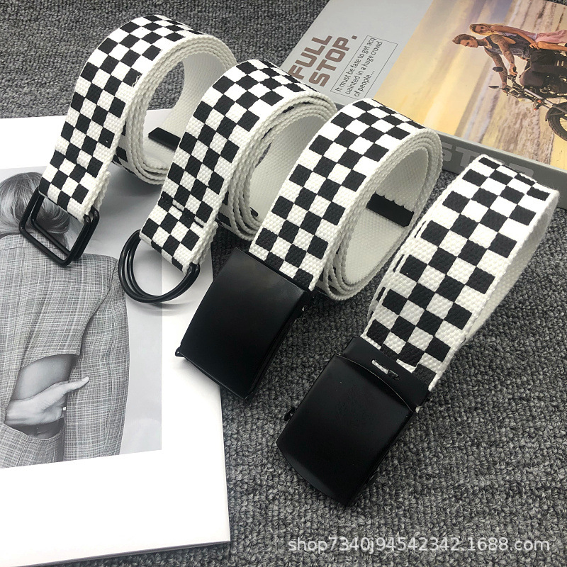 Off White Belt - 클래식 흑백 체크 무늬 캔버스 벨트